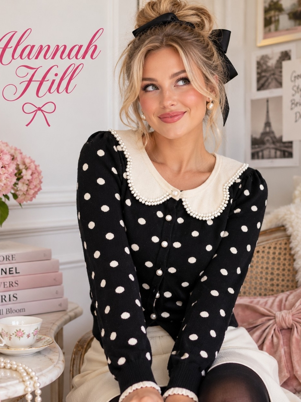Alannah Hill Polka Dot Pearl Collar Cardigan Black Cream Coquette Sweater